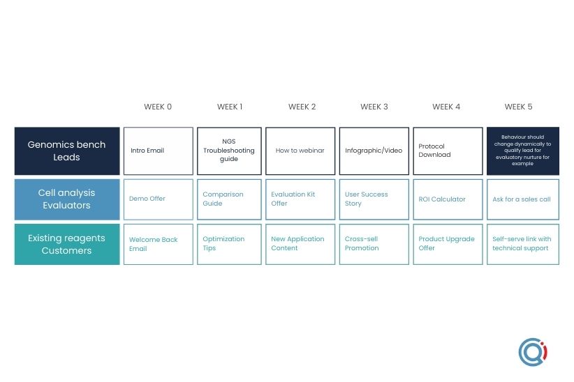 Example of swimlanes layout for your email nurtures in LIfe Sciences